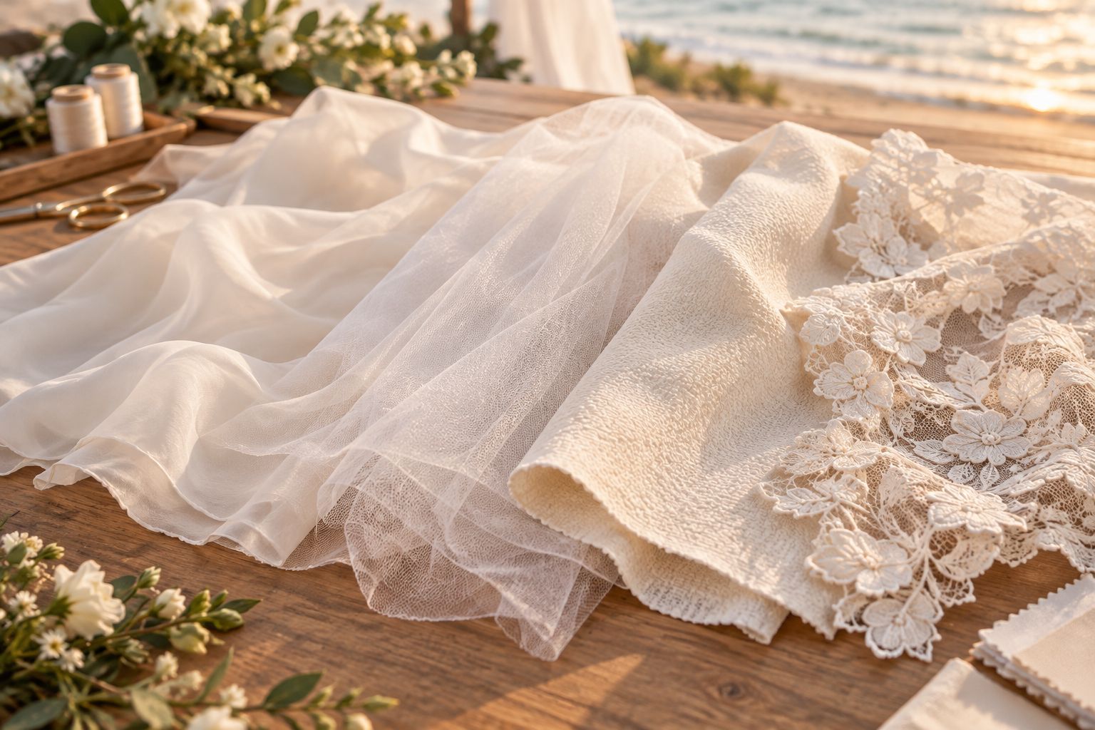 Ivory chiffon, tulle, crepe, and lace samples showing different textures and layers.