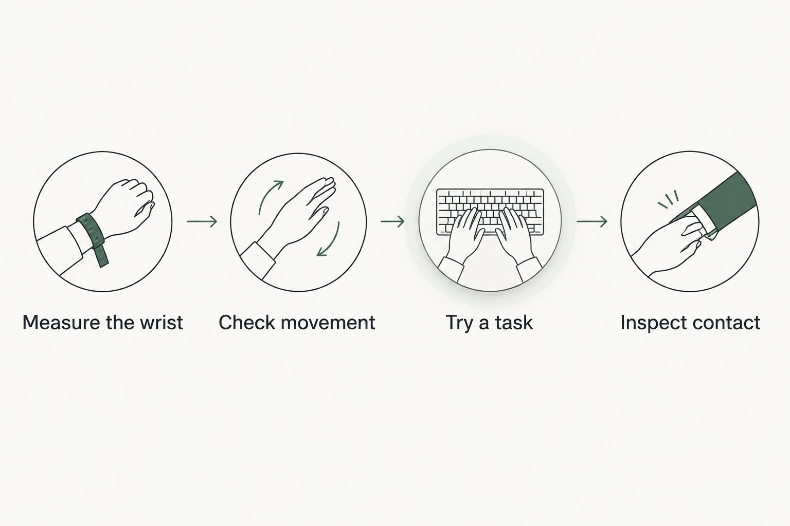Bracelet fit checks covering wrist measurement, movement, an everyday task, and contact points