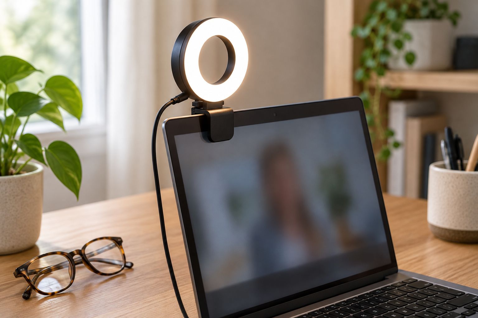 Clip-on light mounted near a laptop webcam with its cable routed beside the screen