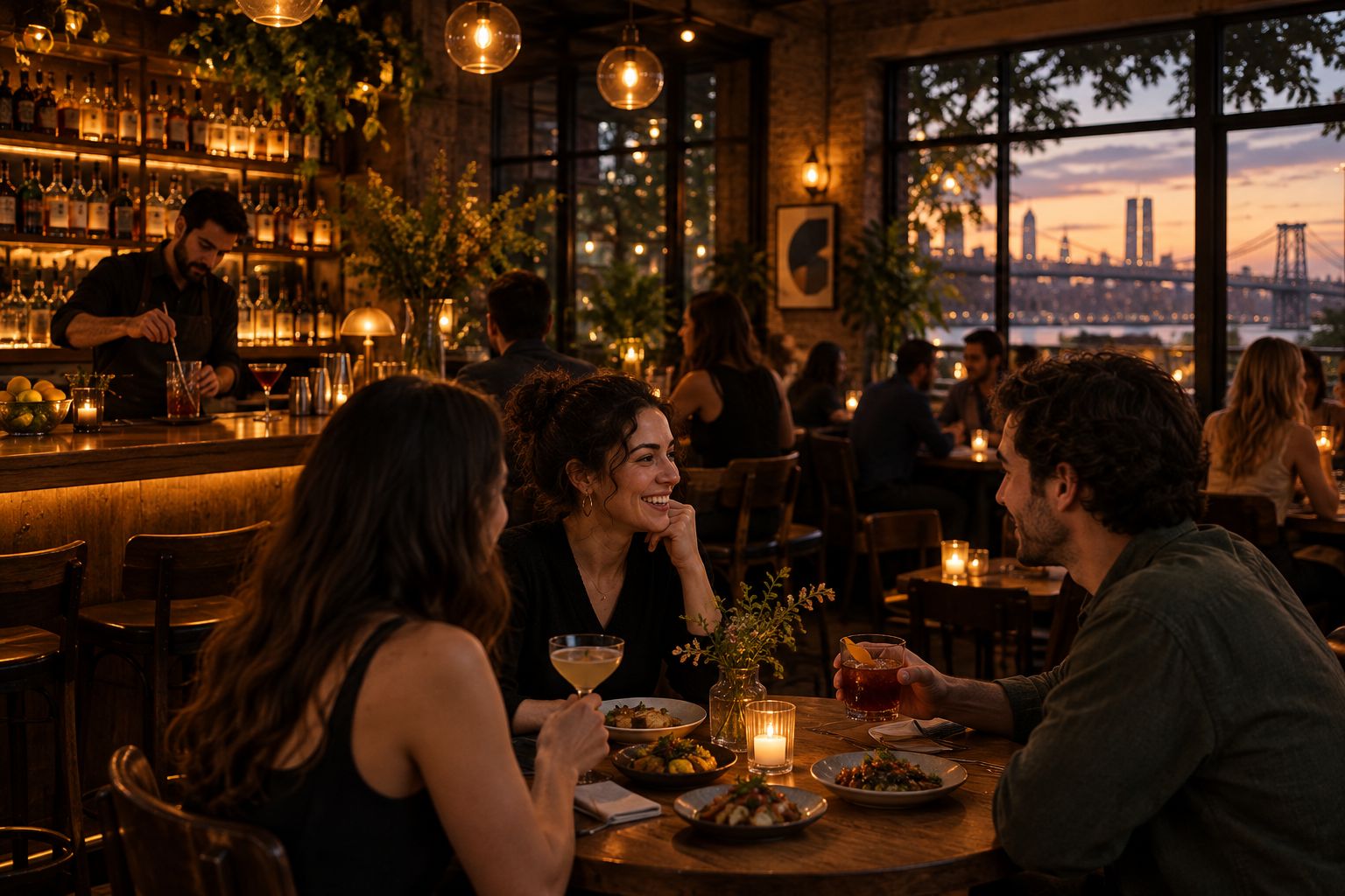 Cozy cocktail bar dining room with amaro bottles and a bartender stirring a drink