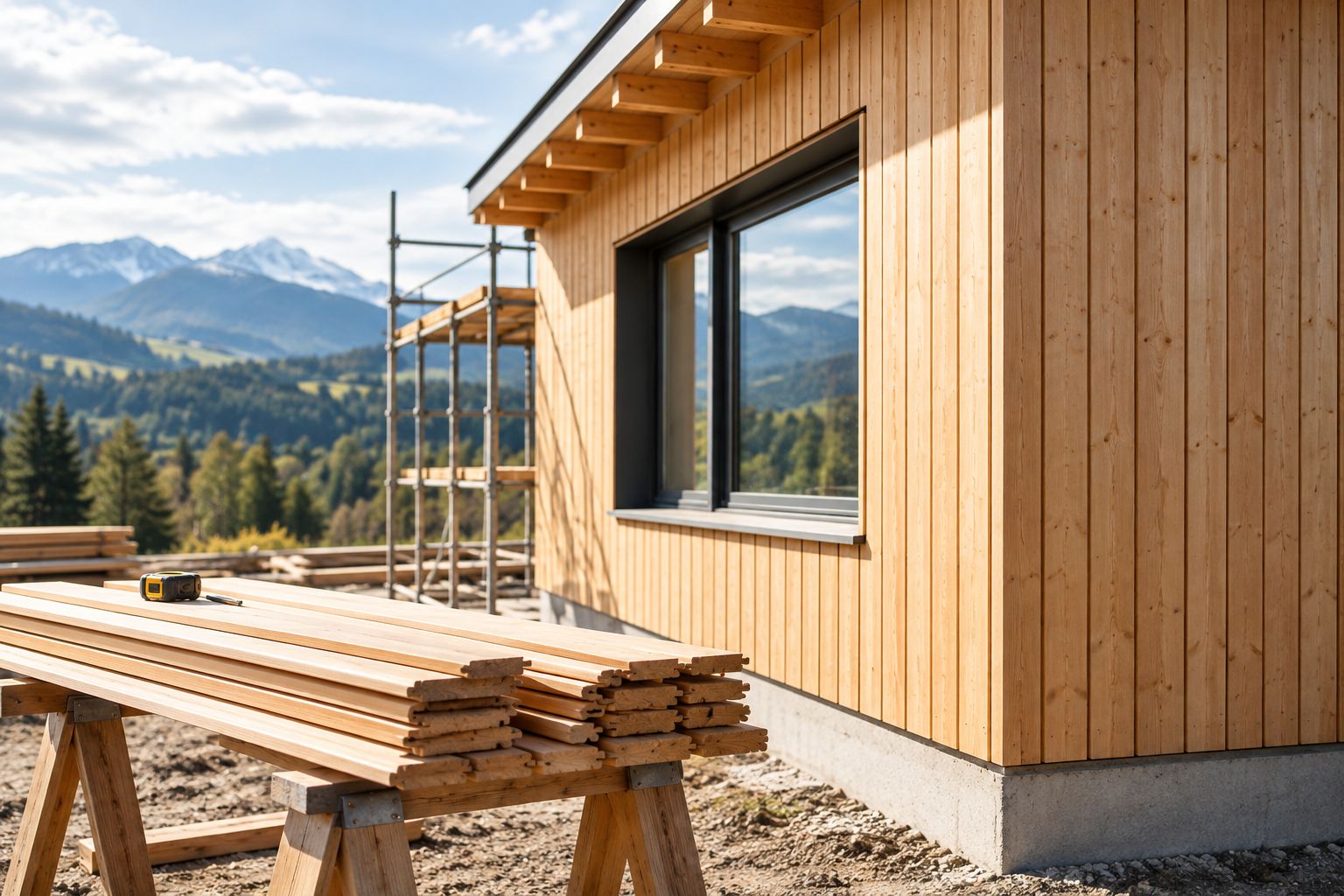 Geordnete Fassadenelemente vor einer teilweise bekleideten Hauswand mit Fenster und Gebäudeecke