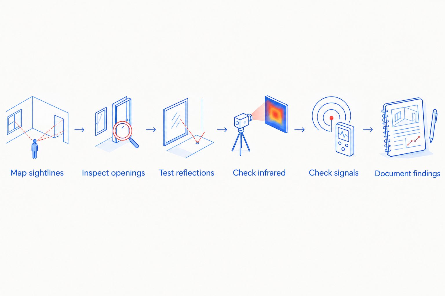 Sequence for visually checking wall decor, testing for infrared and signals, and documenting findings