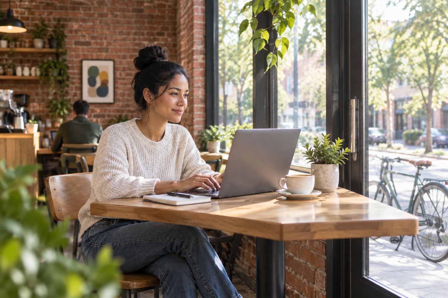 Person working on a laptop inside a Midtown-style coffee shop