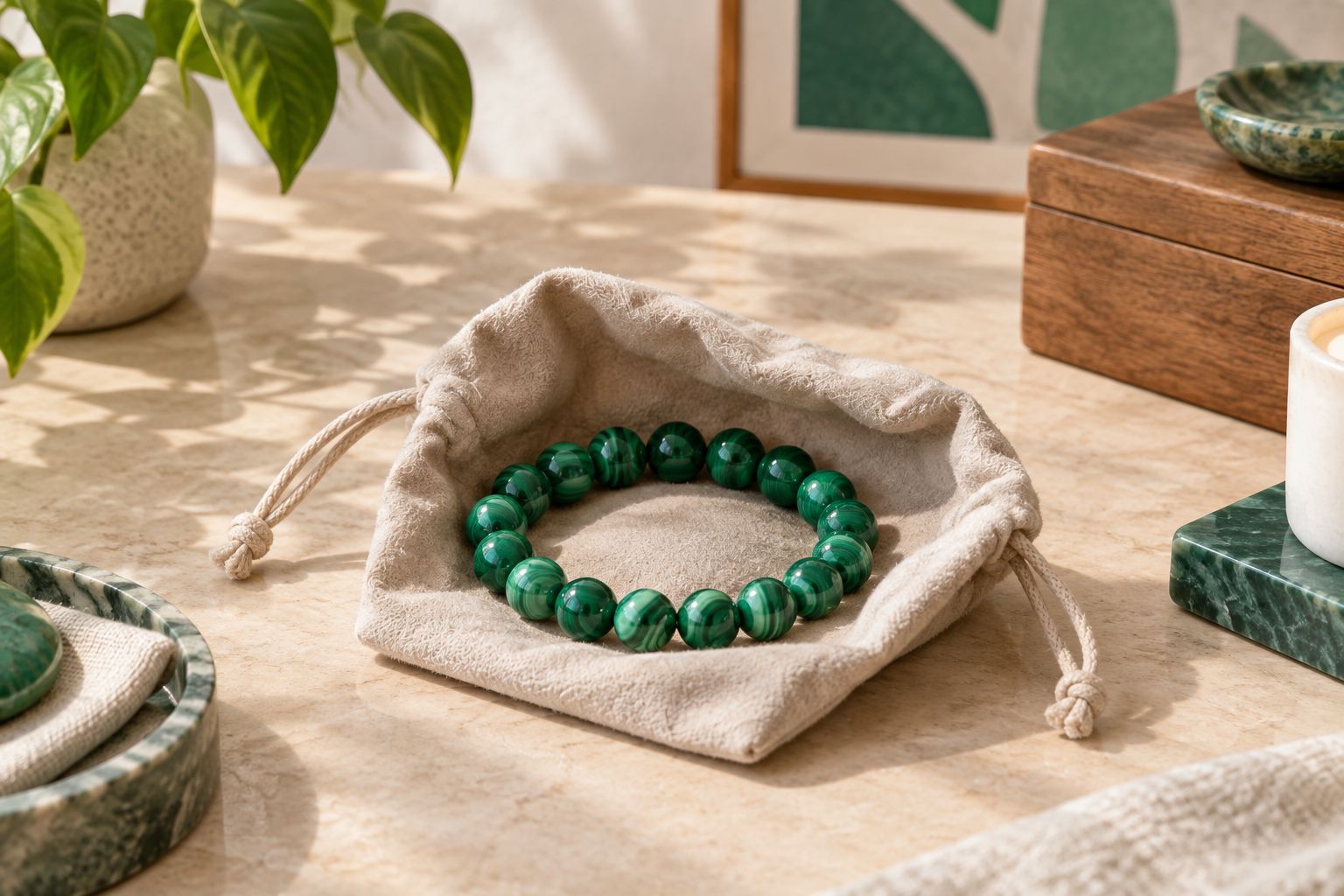 Banded green stone bracelet stored alone in a soft pouch