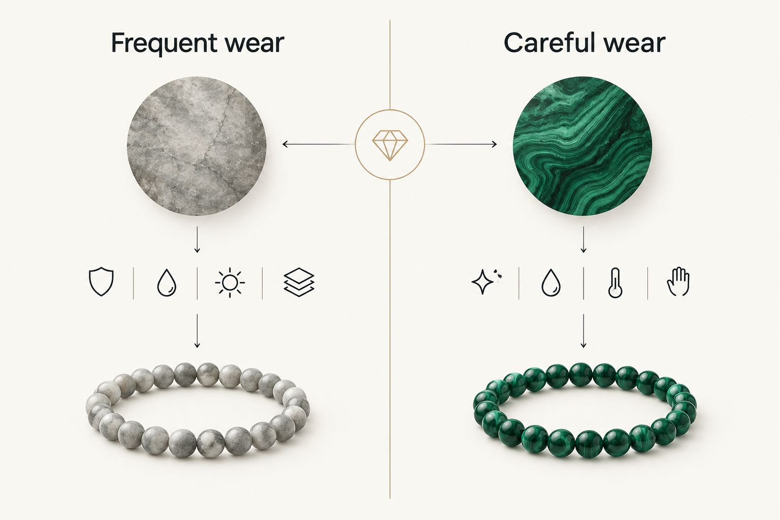 Comparison of jade for frequent wear and malachite for careful wear