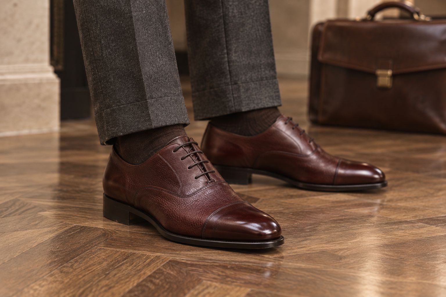 Burgundy grabado leather cap-toe oxford styled with charcoal suit trousers