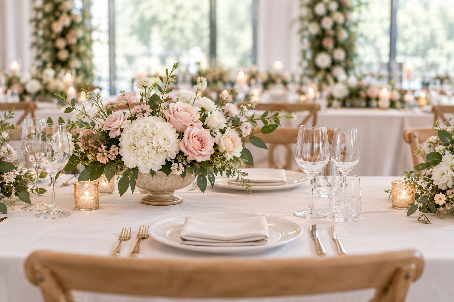 Low wedding centrepiece with clear sightlines across a fully laid dining table