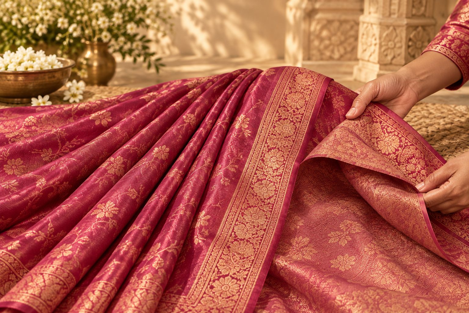 Saree fabric loosely folded beside its reverse and decorative border