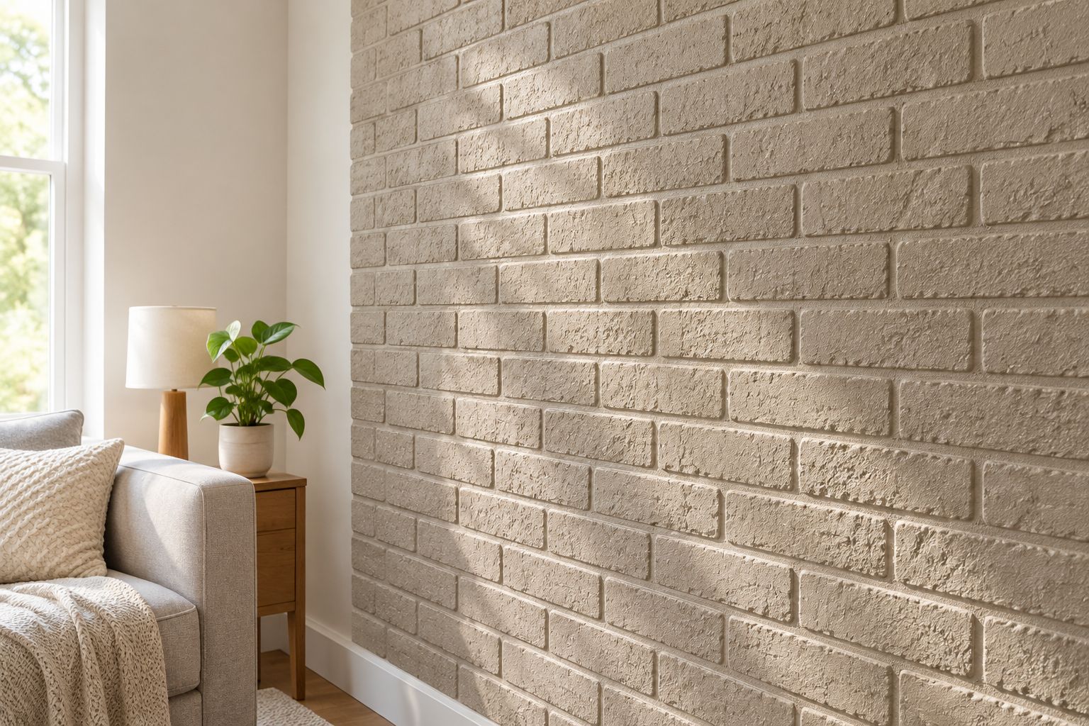 Single-color faux brick wall with side lighting revealing raised bricks and recessed joints