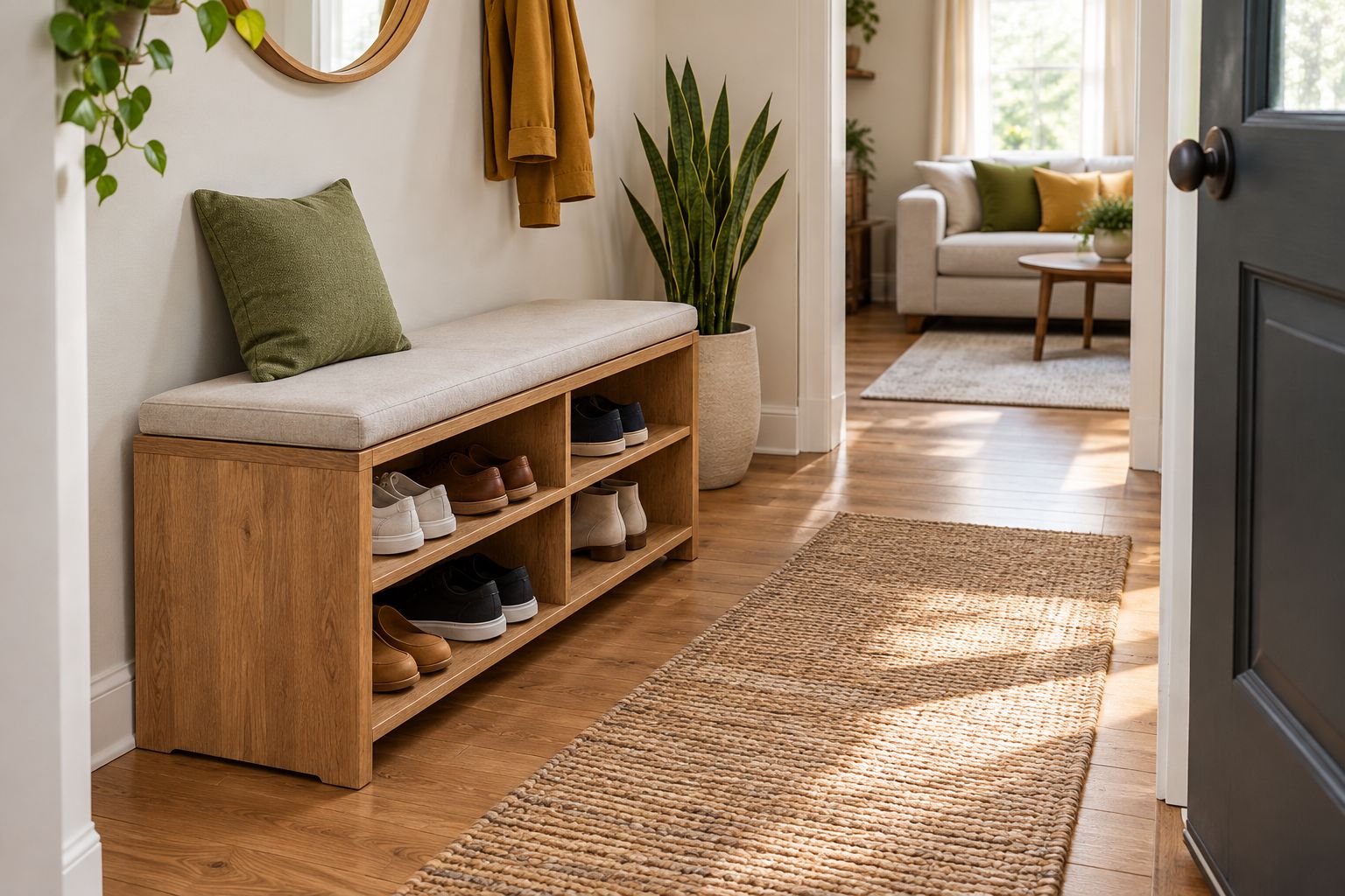 Compact entryway with an open-shelf bench, shoes underneath, and a clear walking route