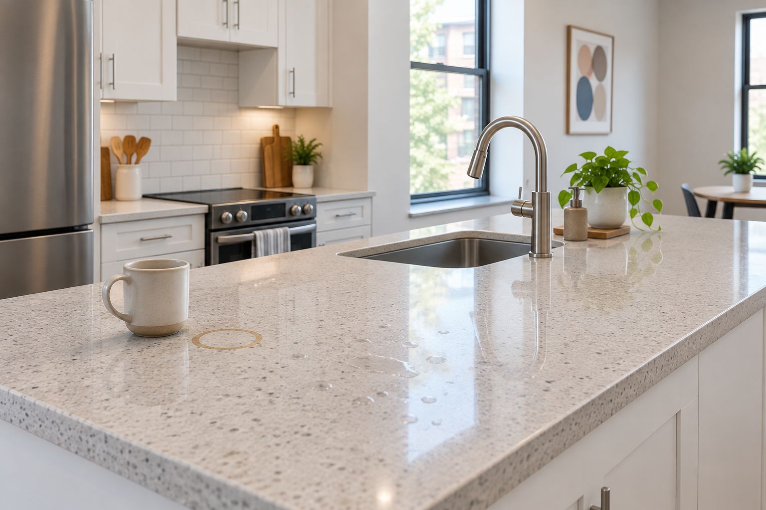 Speckled quartz countertop in a rental kitchen hiding water spots and wear
