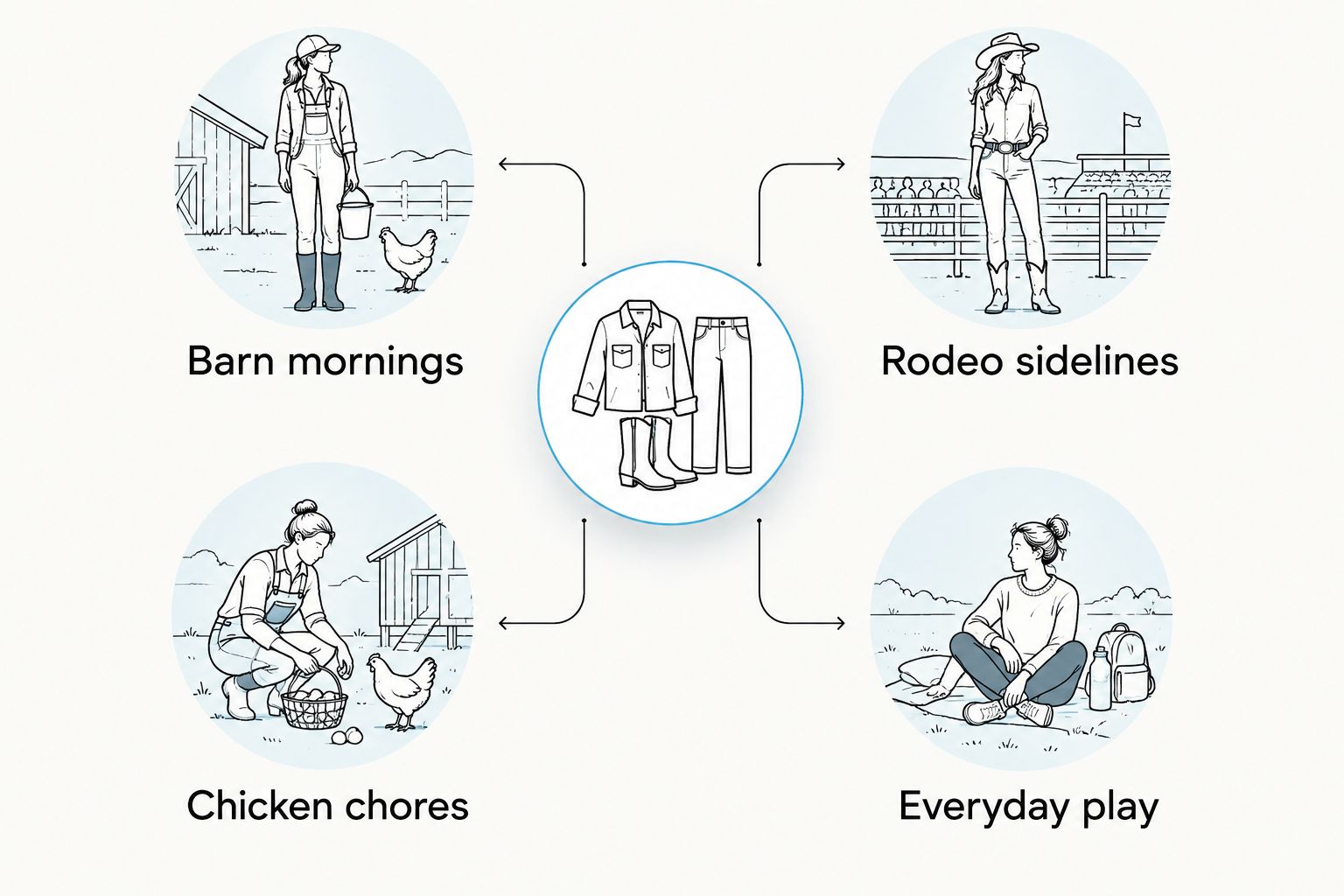 Side-by-side guide to outfit choices for barn mornings, chicken chores, rodeo sidelines, and everyday play