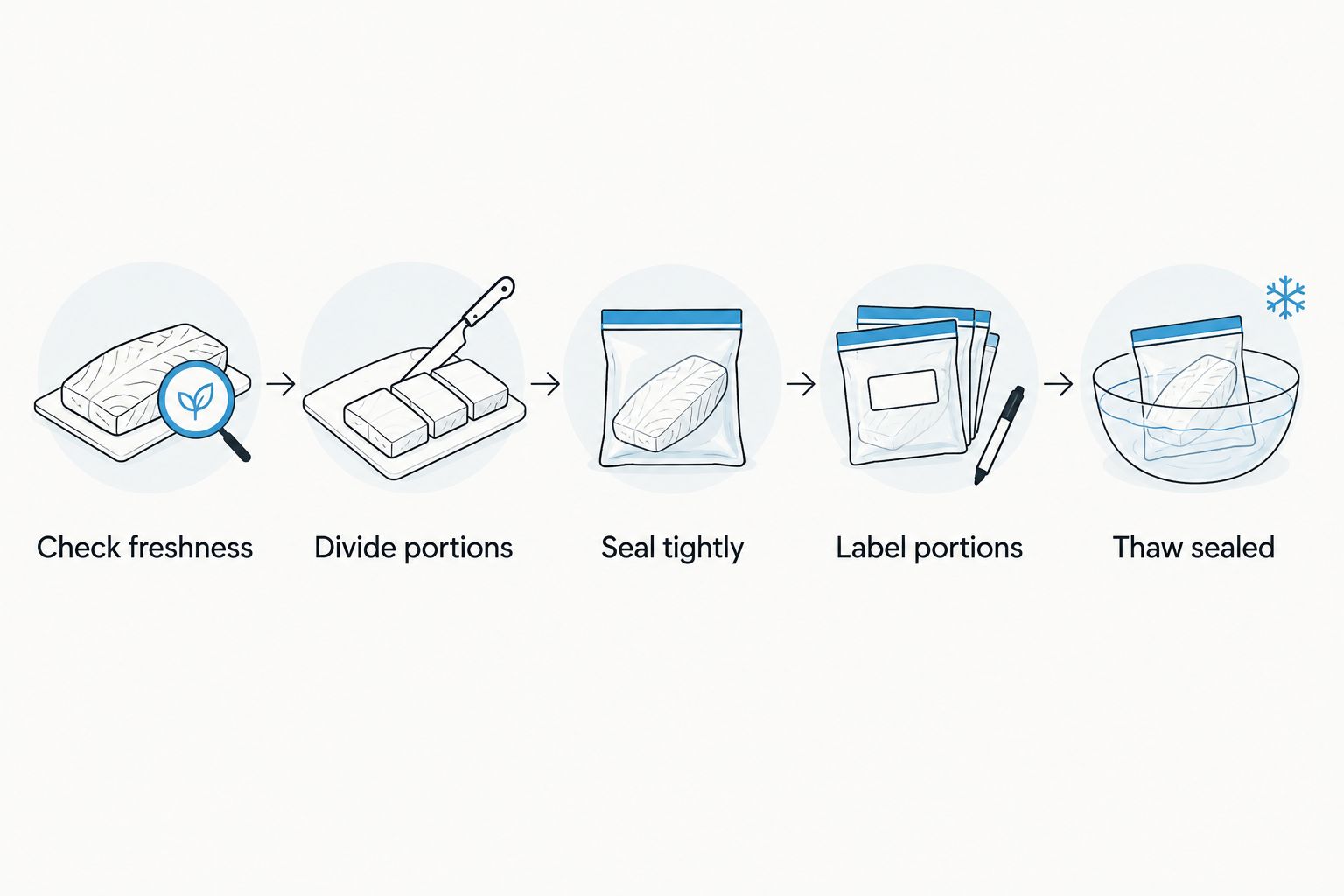 Five steps for freezing coffee, from checking freshness to thawing a sealed portion.