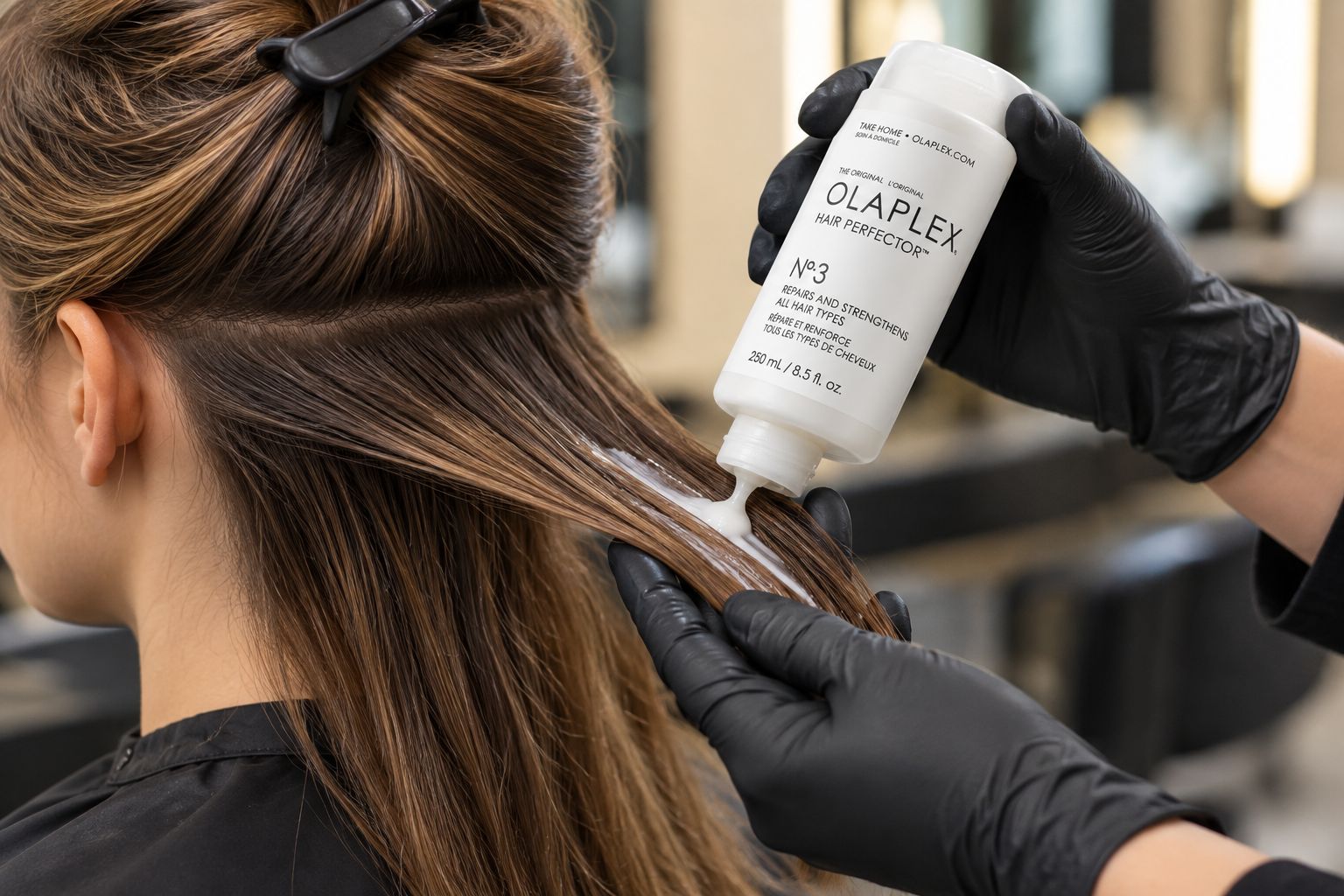 Stylist applying Olaplex No.3 treatment to dry hair in a salon