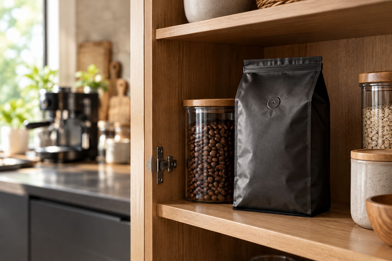 A closed coffee bag stored in a dry cupboard away from an espresso machine.