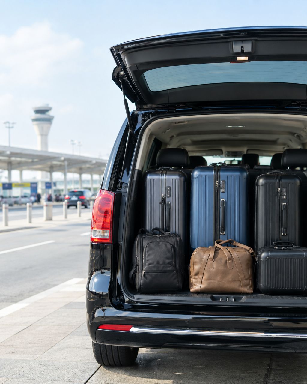 Open boot of a black MPV loaded with large suitcases at an airport kerb