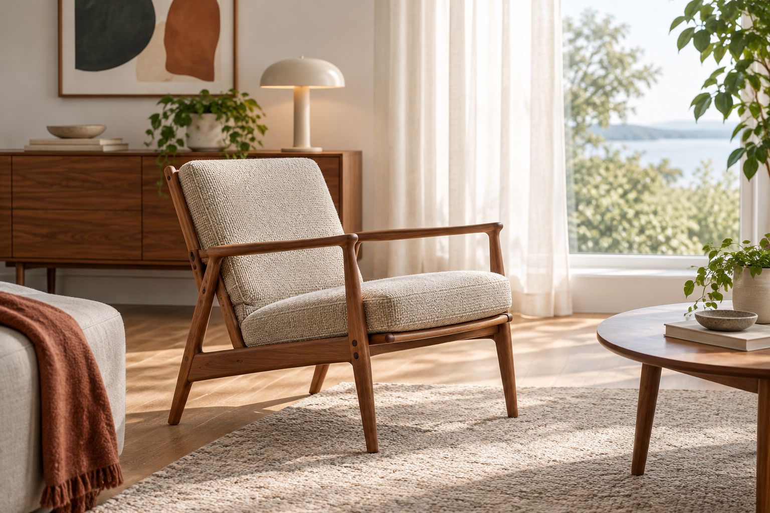 An armchair positioned in indirect daylight away from a radiator