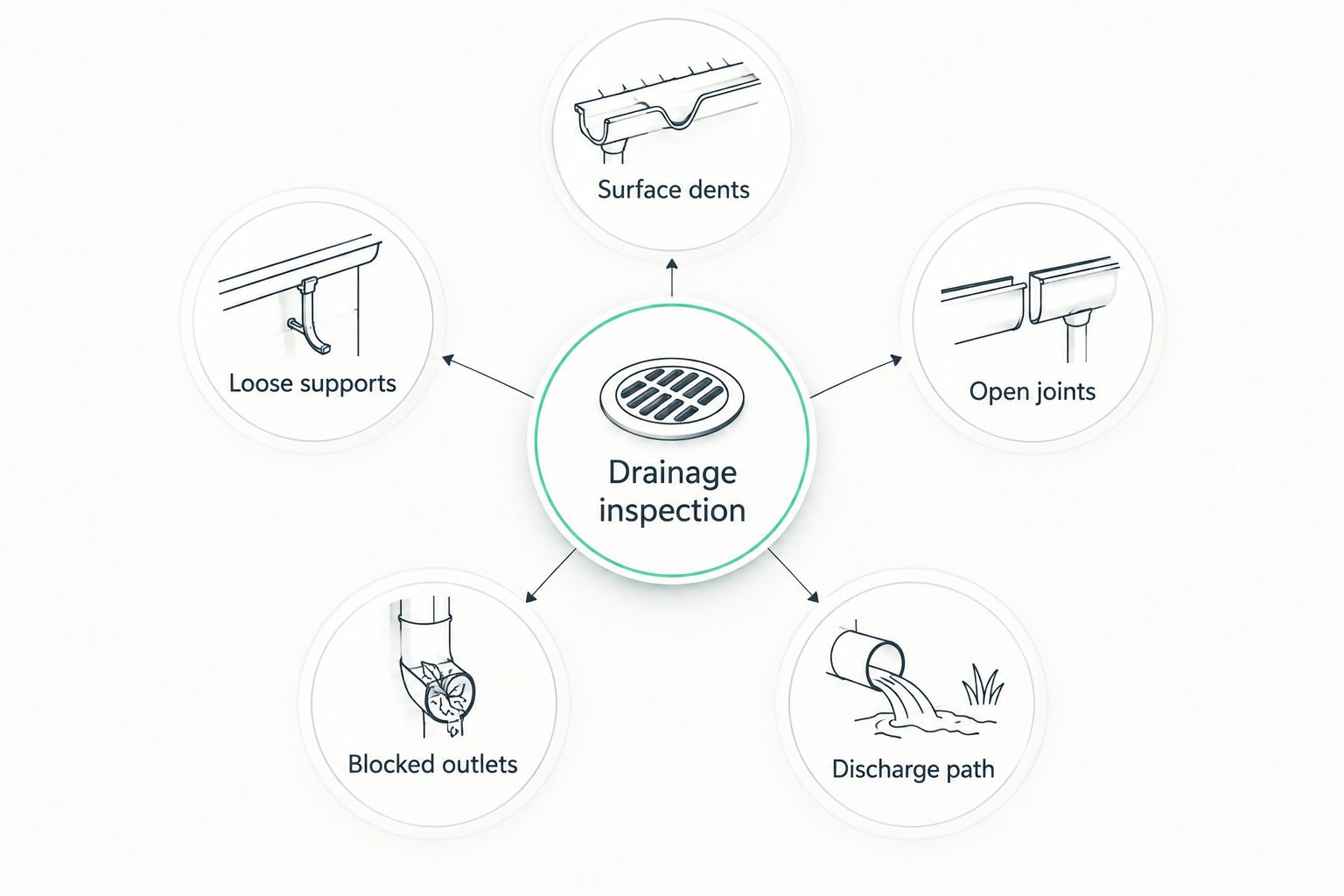 Gutter inspection diagram covering dents, supports, joints, outlets, and the discharge path