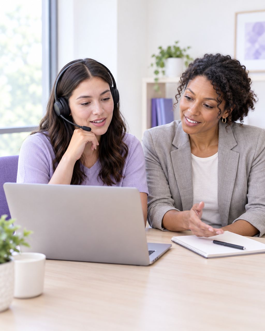 A sales rep practices a call on a headset while a manager coaches beside her.