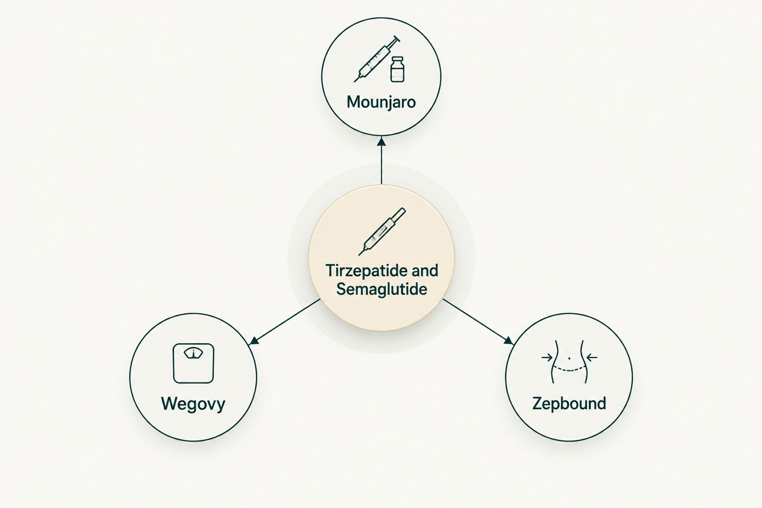 Diagram showing Mounjaro, Wegovy and Zepbound branching from two active ingredients