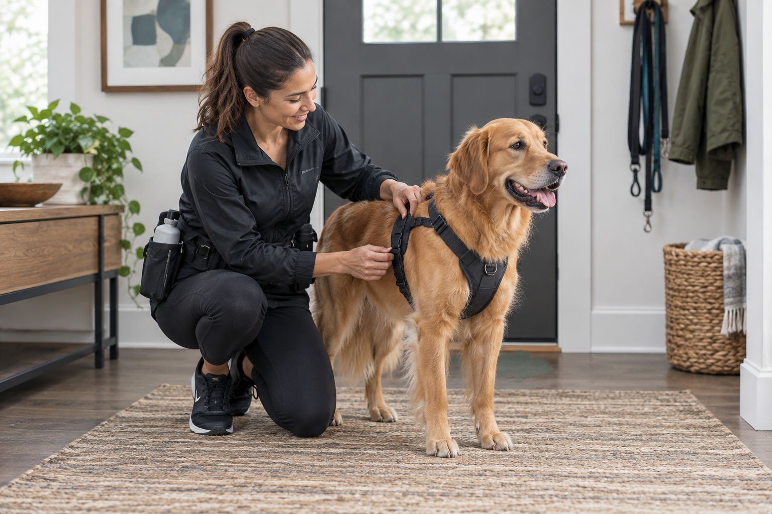 Dog walker checking harness straps on a standing dog before leaving a closed entryway