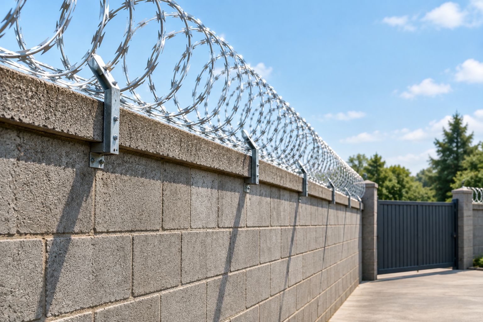Can Razor Wire Be Installed on an Existing Wall? 2 Masonry boundary wall with metal supports holding razor wire above the wall