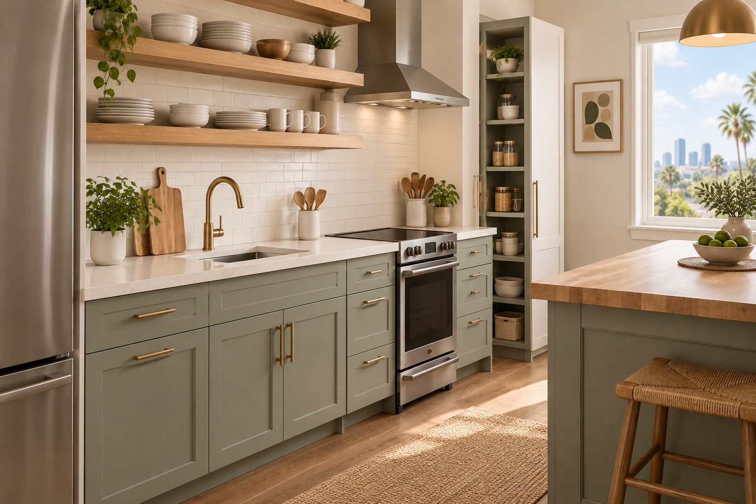 Open wooden kitchen shelves holding a small collection of everyday dishes