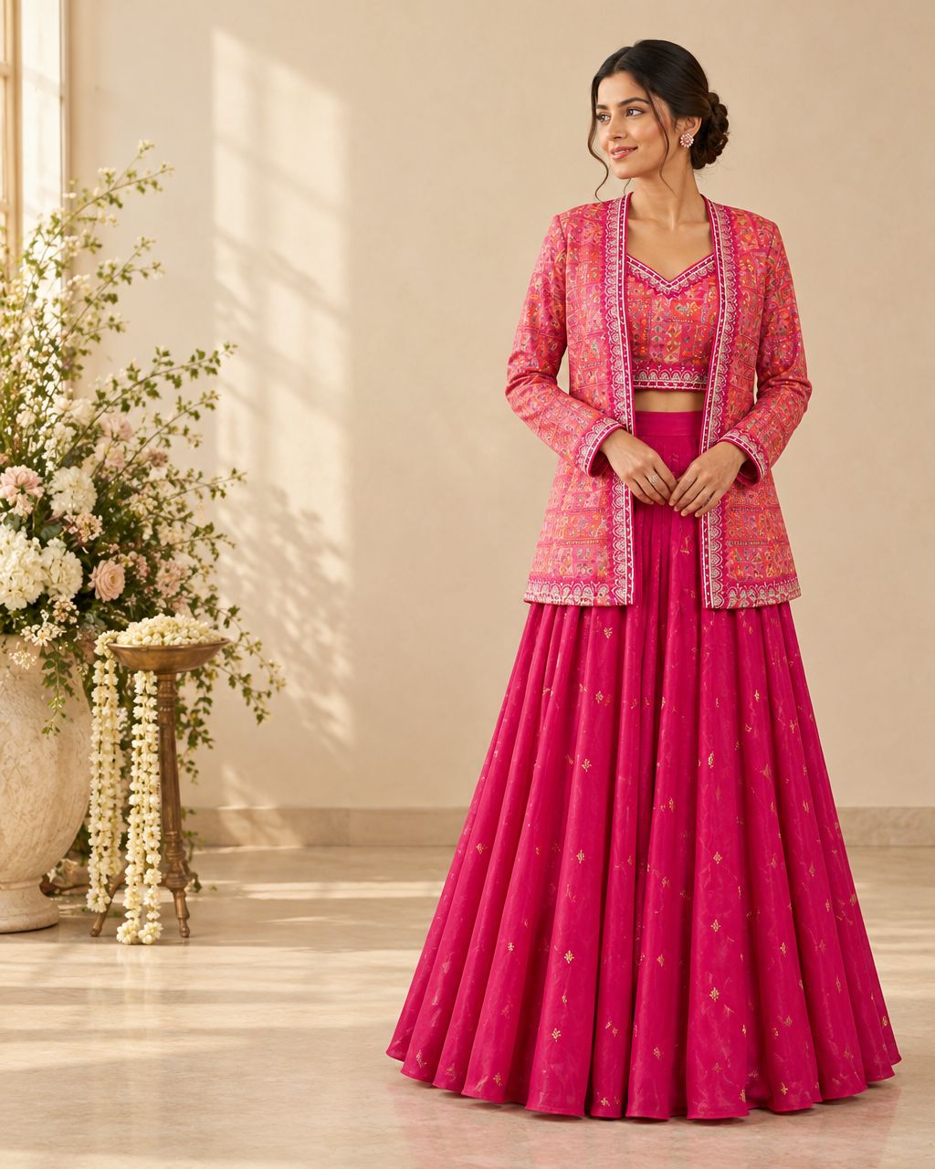 Illustrative wedding styling: fuchsia printed jacket and blouse with a flared lehenga skirt.