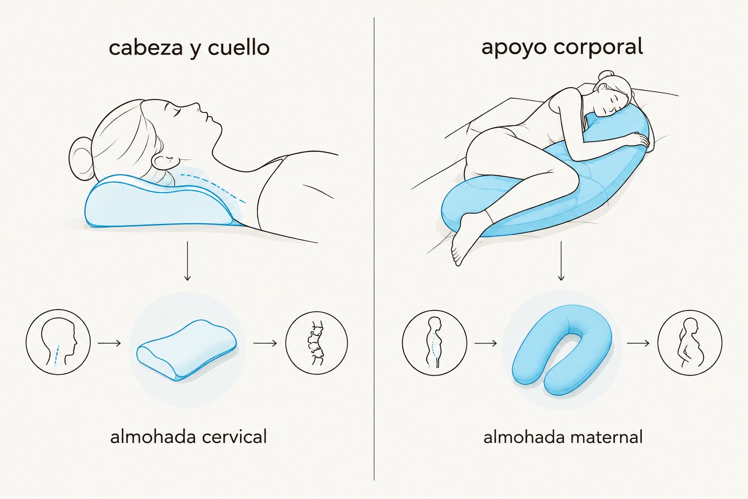 comparación entre apoyo de cabeza y cuello con almohada cervical y apoyo corporal con almohada maternal