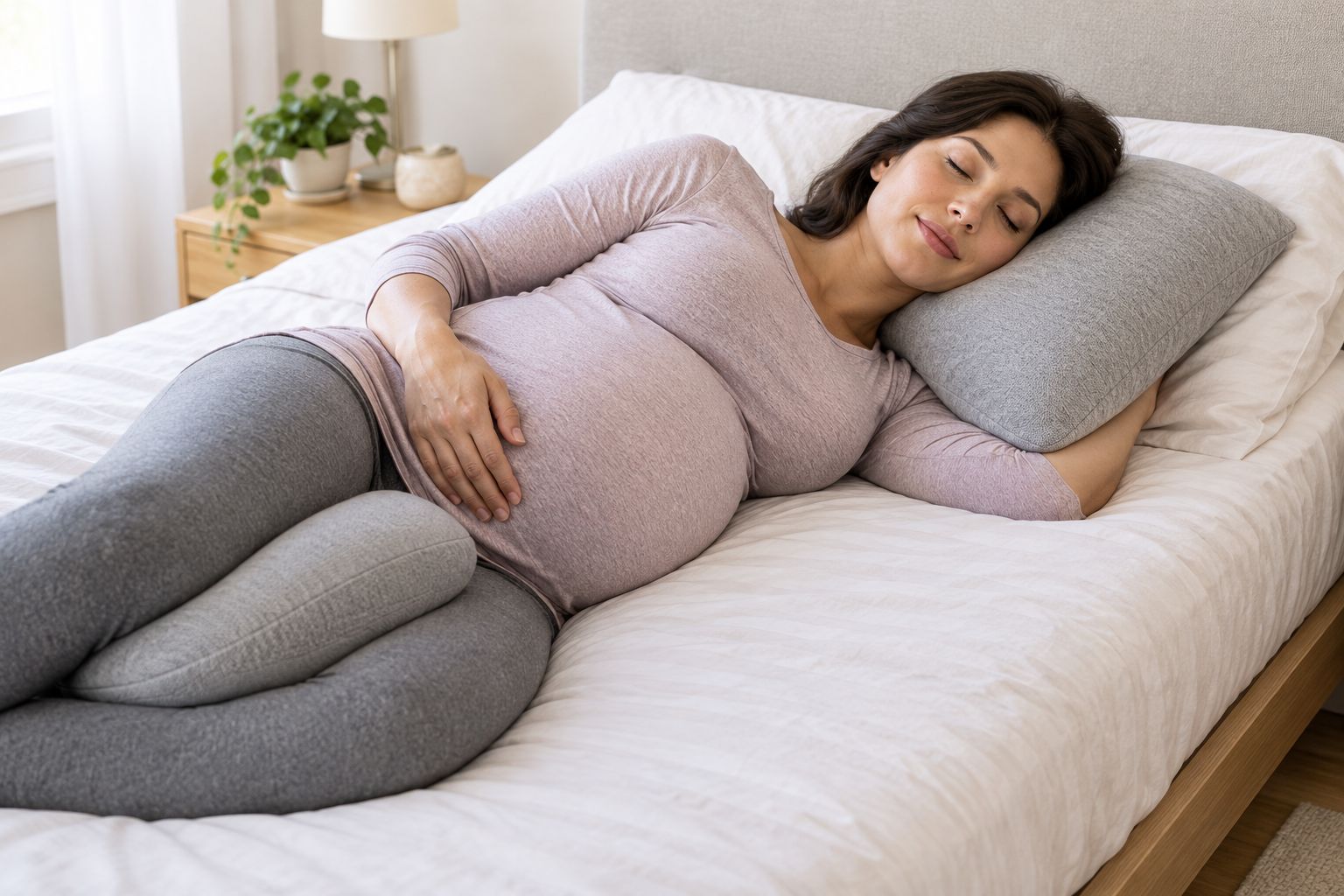 disposición de una almohada bajo la cabeza y un cojín entre las rodillas al descansar de lado