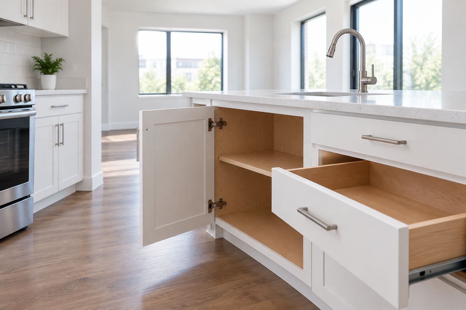 Empty kitchen cabinet and drawer interiors accessible for cleaning