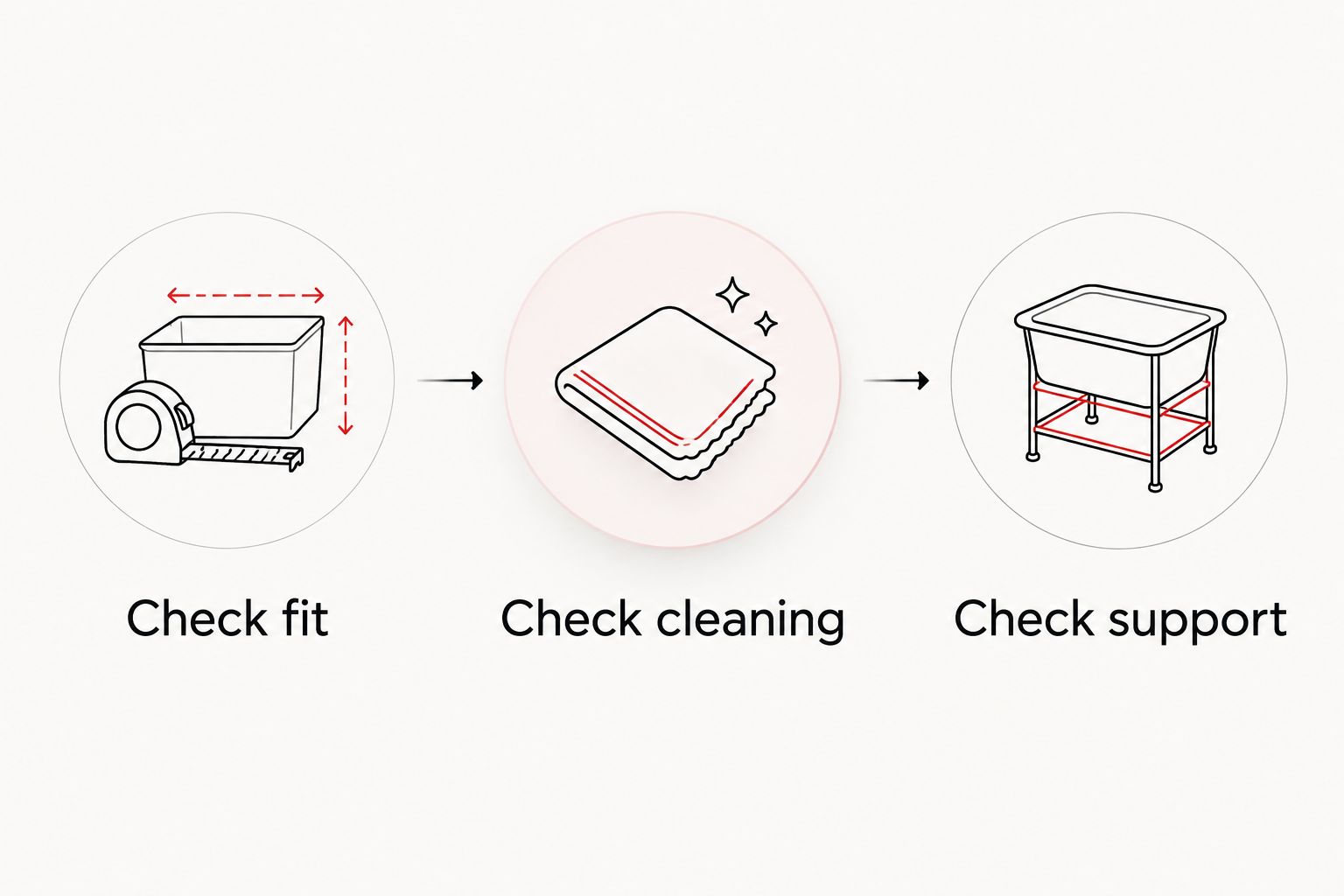 Three checks before sink installation: fit, cleaning, and support