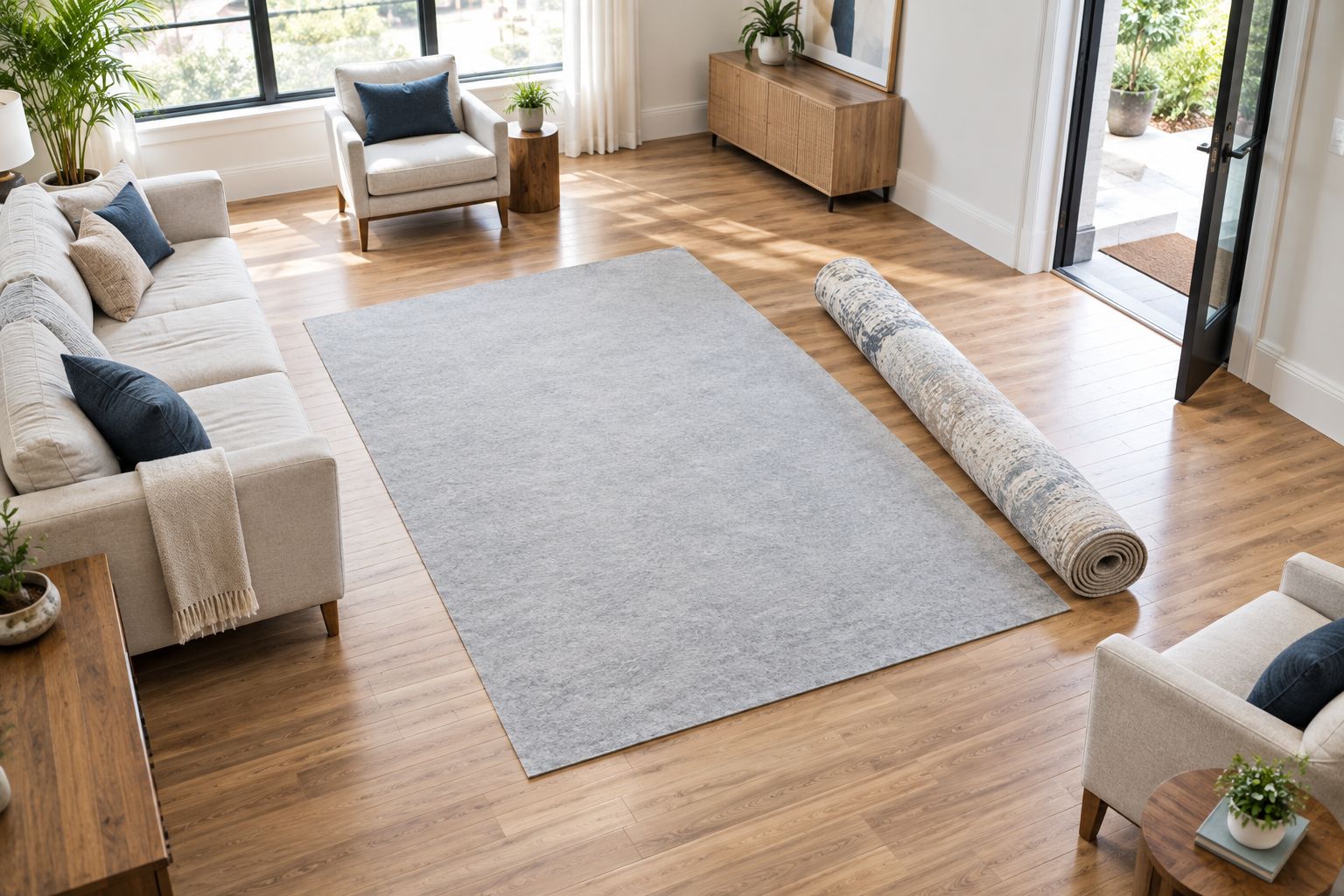 Living room with cleared floor space, a flat rug pad, and a rolled rug ready for placement