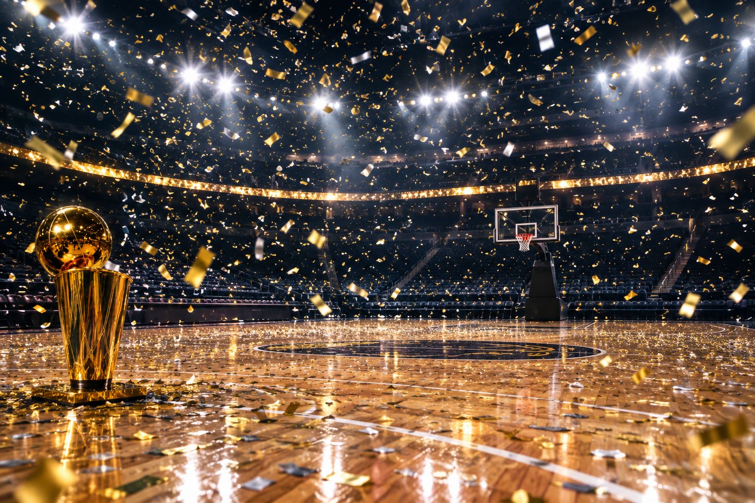 Confetti falling over an NBA arena court after a championship win
