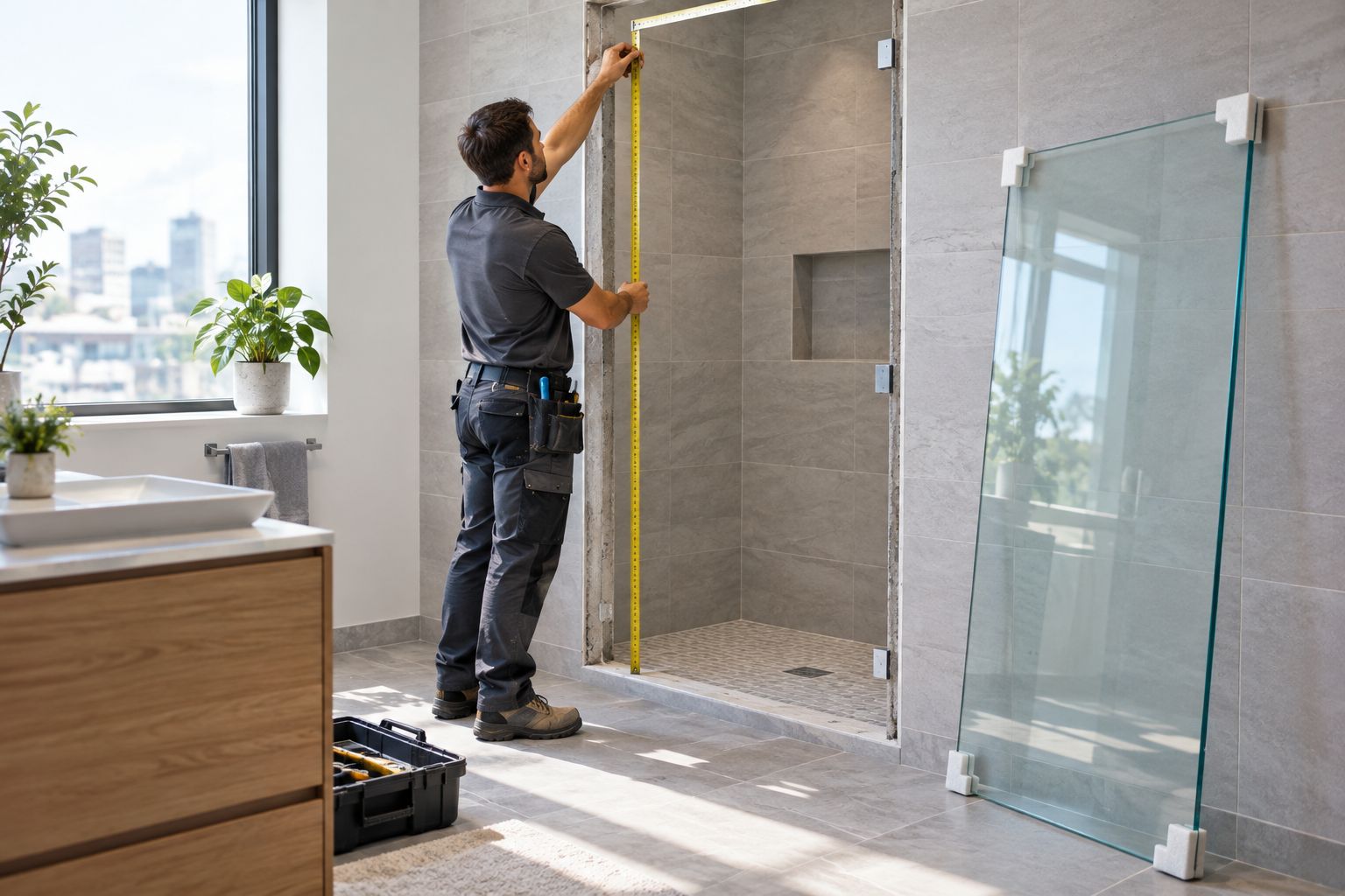 Technician measuring a shower opening at three heights before glass fabrication