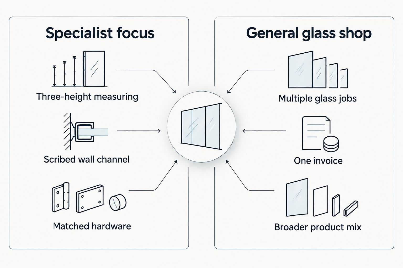 Two column comparison of specialist shower door focus versus general glass shop services