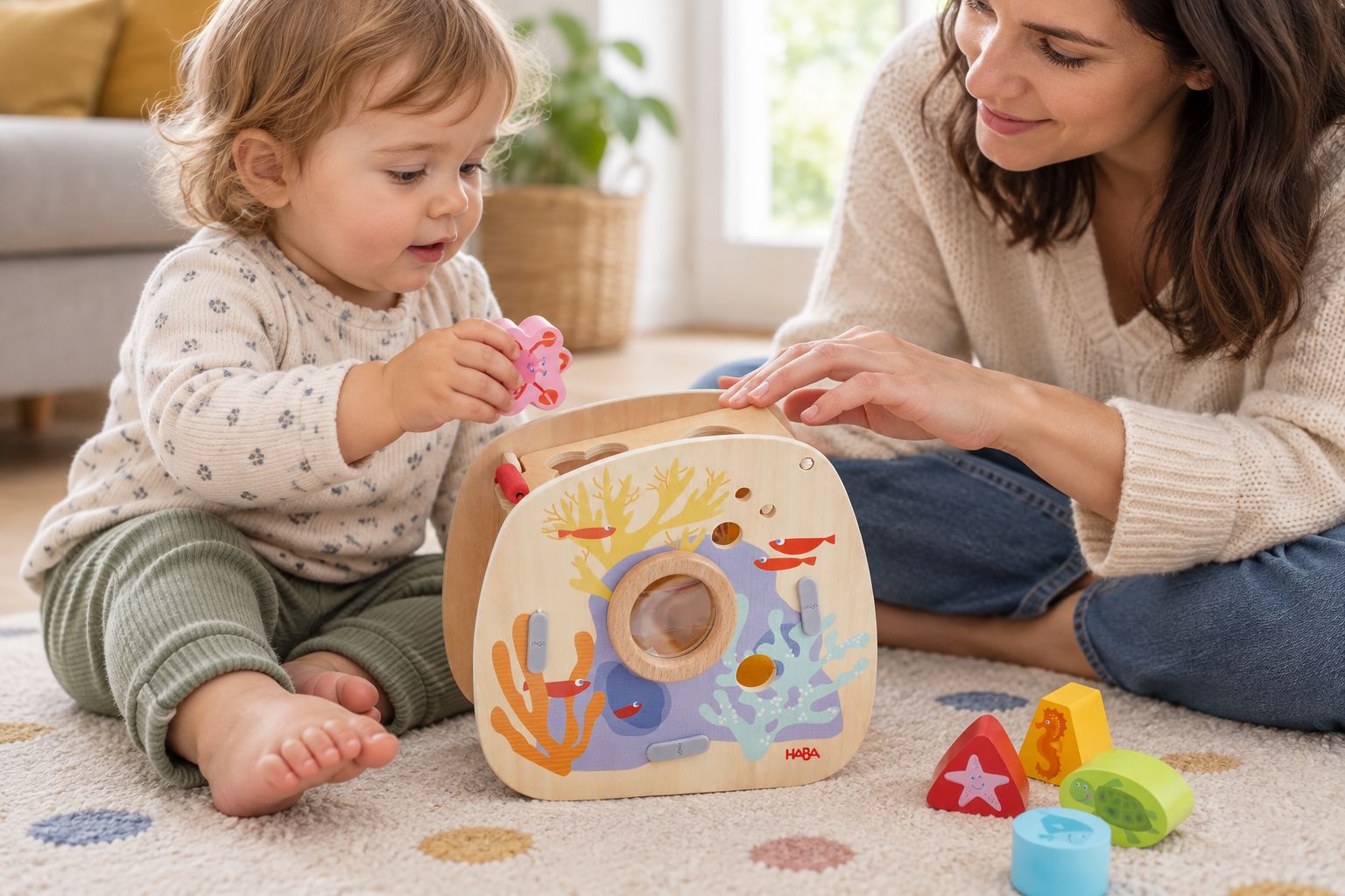 Parent and young child exploring an Underwater World shape sorter together