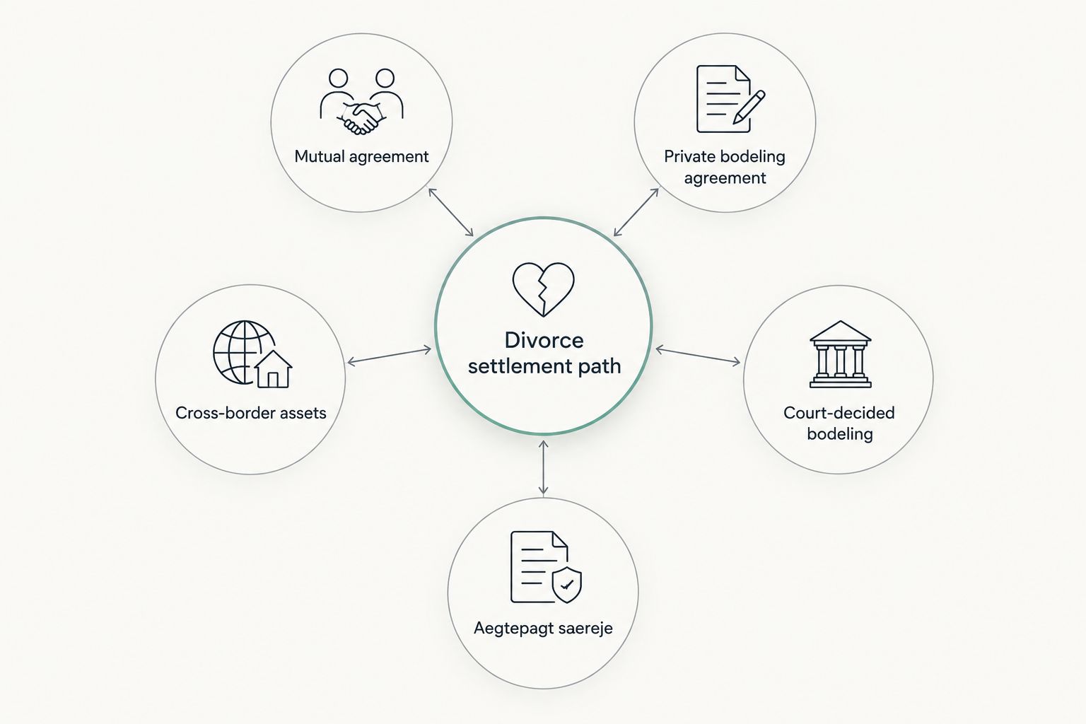 Diagram showing five divorce settlement paths connected to a central decision point