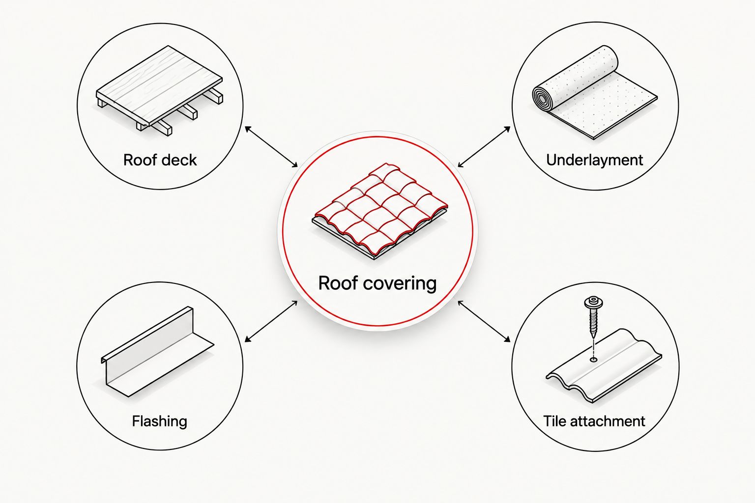 Tile roof covering connected to the deck, underlayment, flashing, and attachment components.