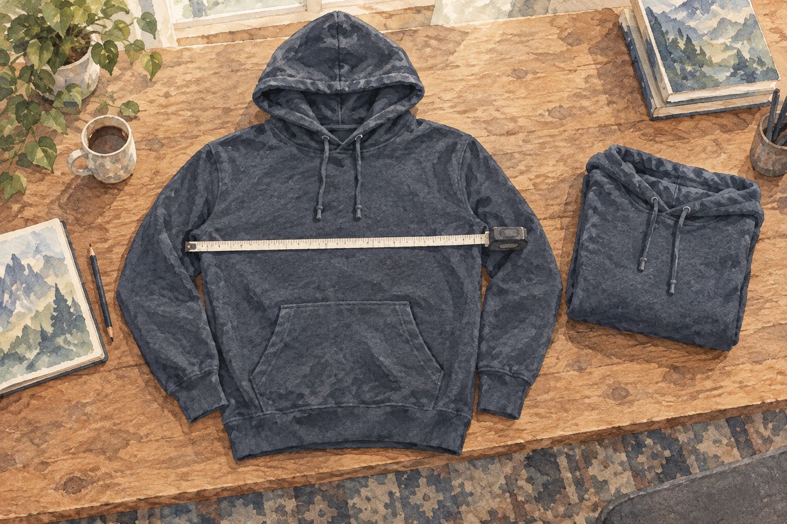 A hoodie laid flat with an unmarked measuring tape across the chest