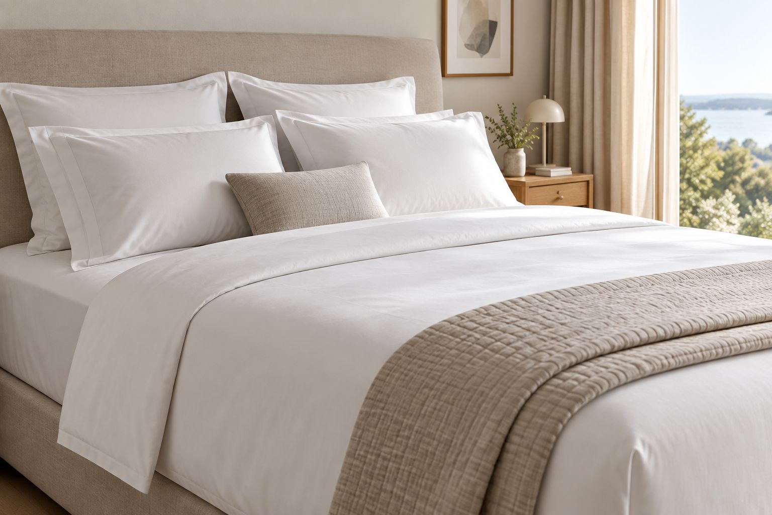 King bed made up with crisp white hotel-style sheets and layered pillows