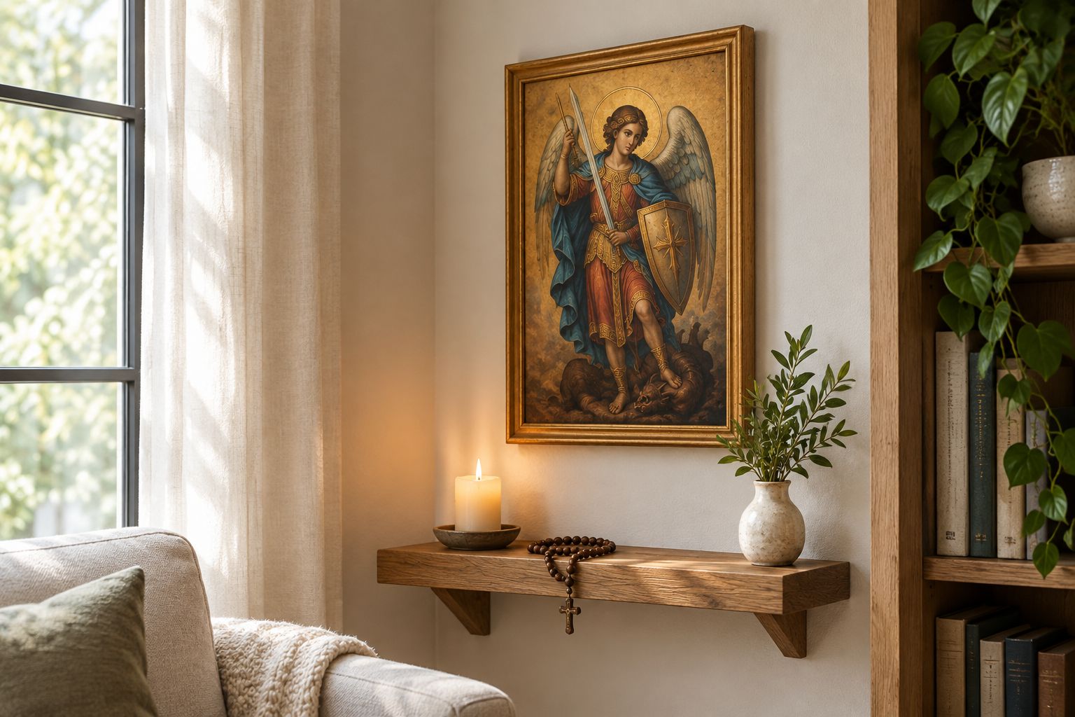 Home prayer corner with a devotional icon painting above a shelf