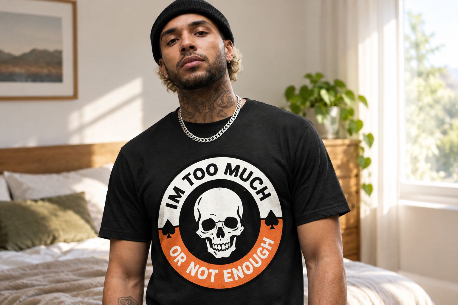 Person wearing the Too Much Not Enough ADHD tee in a sunlit room