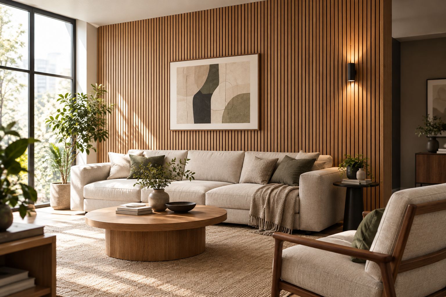 Wood slat feature wall viewed with furniture, daylight, and directional wall lighting