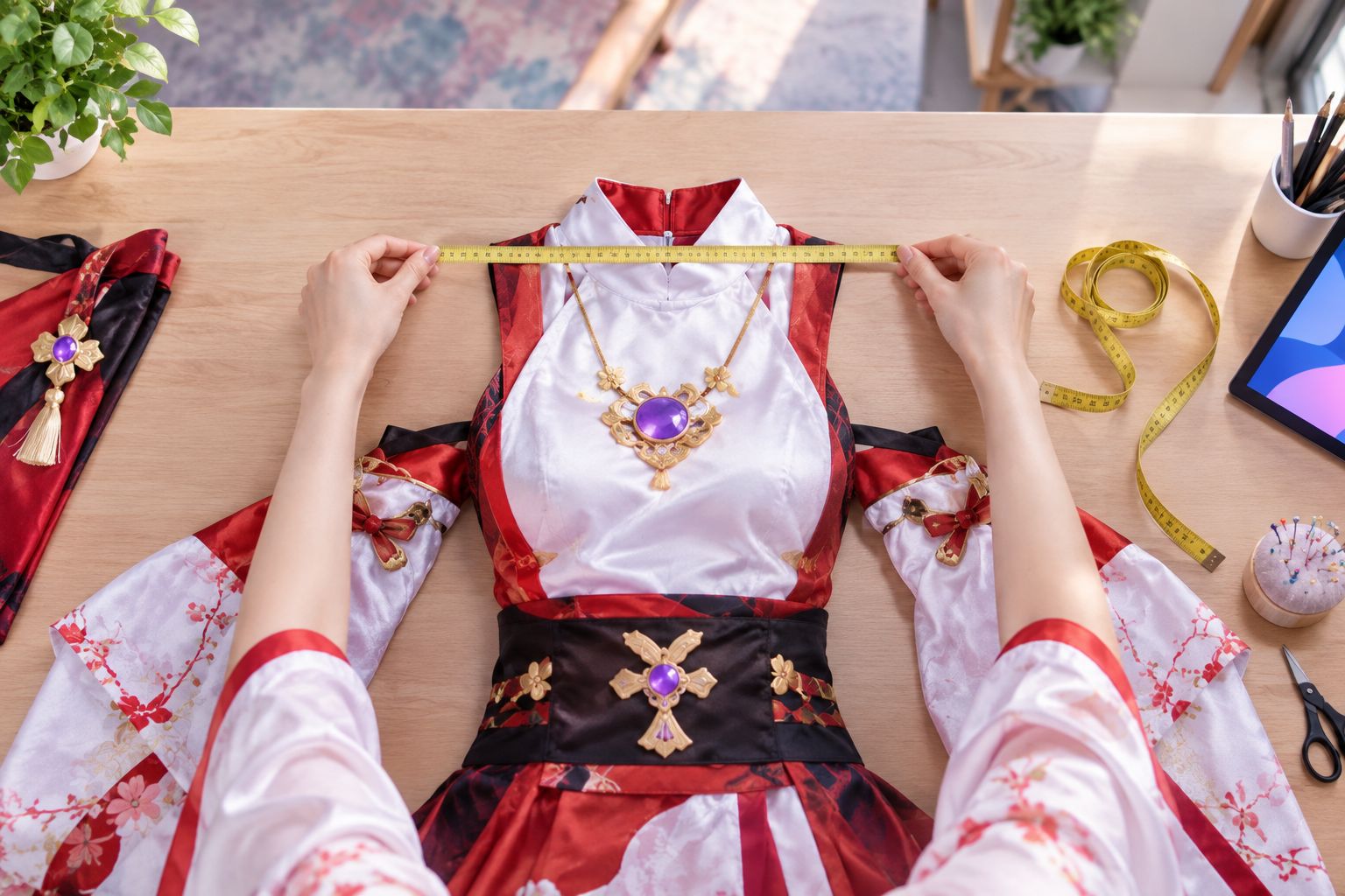 Hands checking the shoulder width of a costume top laid flat beside a measuring tape.