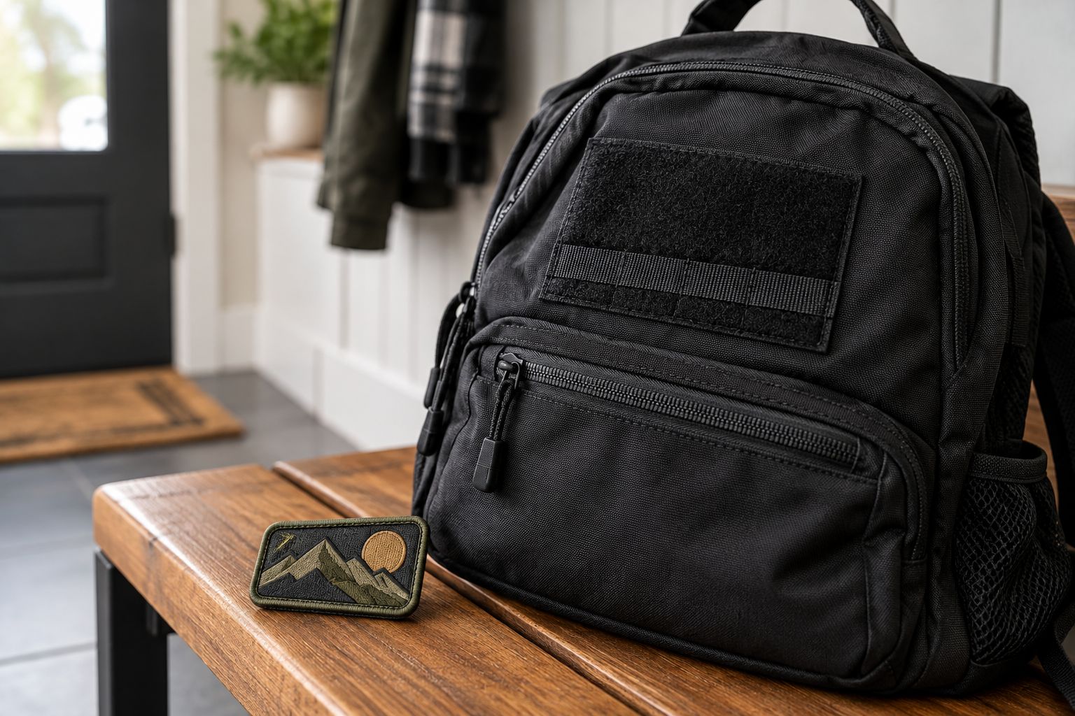 Personal backpack with a loop panel beside a decorative patch on a home bench.