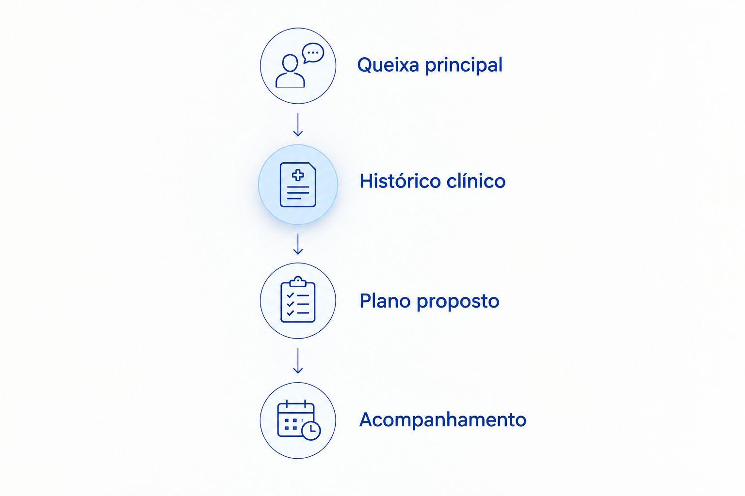 Etapas da consulta: queixa principal, histórico clínico, plano proposto e acompanhamento.