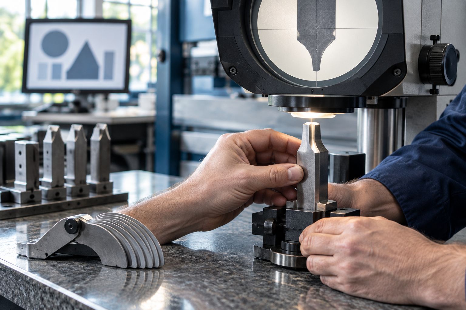 Press brake punch radius being checked under an optical comparator
