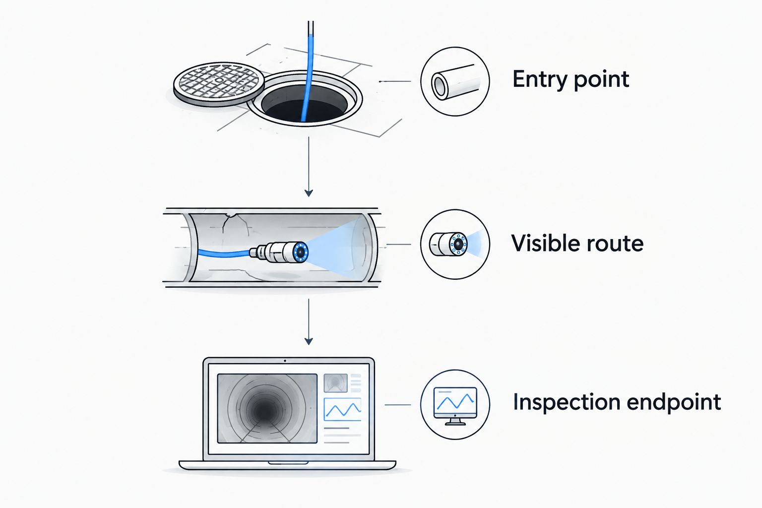Three checkpoints for documenting sewer inspection coverage: entry point, visible route, and inspection endpoint.