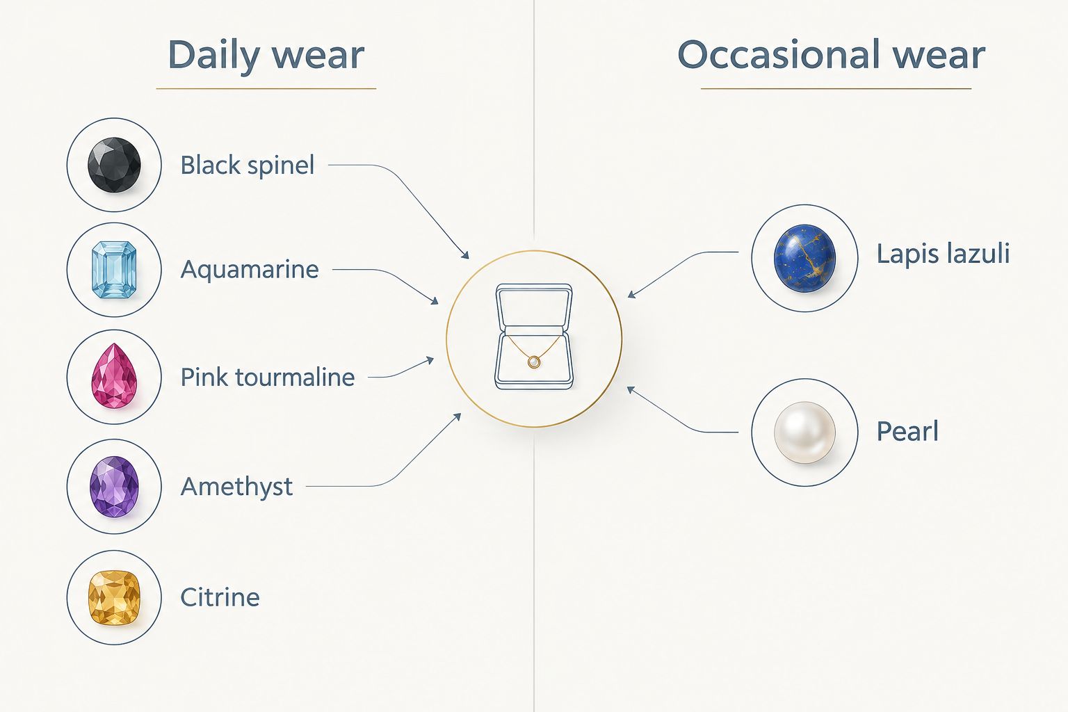 Two columns sorting gemstones into daily wear and occasional wear